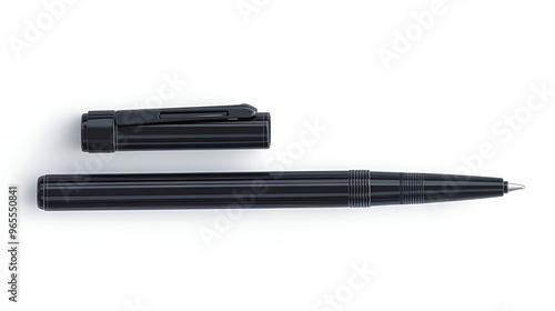 A mock-up features a black ballpoint pen with a cap in a vector illustration, presented on a white background.