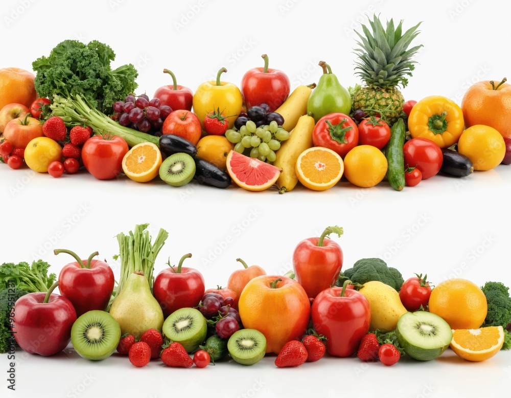 A variety of fruits and vegetables, including apples, oranges, kiwis, grapes, pineapple, carrots, and broccoli, arranged diagonally on a white background, showcasing vibrant colors. A variety of fruits and vegetables, including apples, oranges, kiwis, grapes, pineapple, carrots, and broccoli, arranged diagonally on a white background, showcasing vibrant colors.