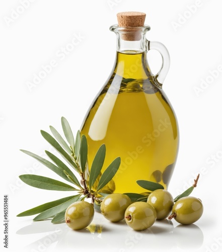 A glass olive oil bottle with a cork cap and green olive leaves is centered on a white background, surrounded by six green olives and olive leaves, creating a visually appealing composition.