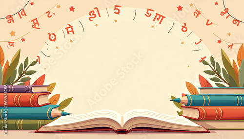 Hindi Diwas Celebration Illustration with Books, Pens, and Hindi Alphabets photo