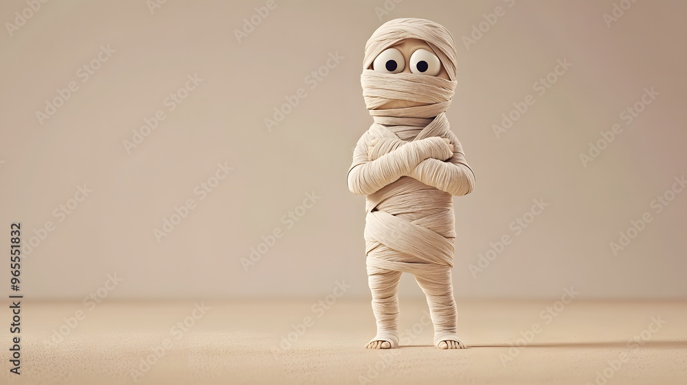 Friendly cartoon mummy character with bandages loosely wrapped, smiling, isolated on a solid sandy beige background, warm ambient lighting with soft highlights, 3D render with realistic textures and Friendly cartoon mummy character with bandages loosely wrapped, smiling, isolated on a solid sandy beige background, warm ambient lighting with soft highlights, 3D render with realistic textures and