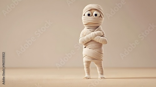 Friendly cartoon mummy character with bandages loosely wrapped, smiling, isolated on a solid sandy beige background, warm ambient lighting with soft highlights, 3D render with realistic textures and