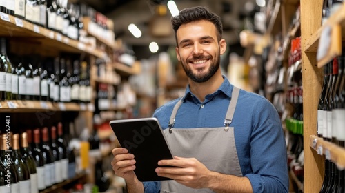 A man in a blue shirt holding an tablet computer while standing next to bottles of wine, AI