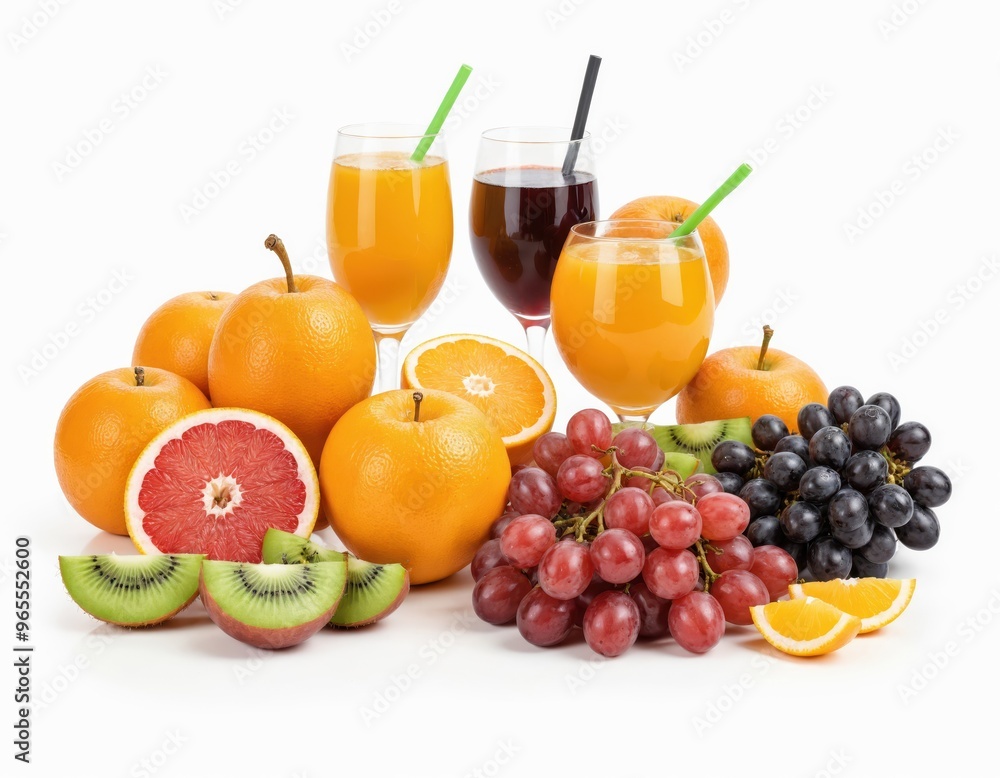 A vibrant still life of orange juice, grapes, kiwi, and grapes with a black straw is arranged in a pyramid-like formation, creating a visually appealing and harmonious composition A vibrant still life of orange juice, grapes, kiwi, and grapes with a black straw is arranged in a pyramid-like formation, creating a visually appealing and harmonious composition