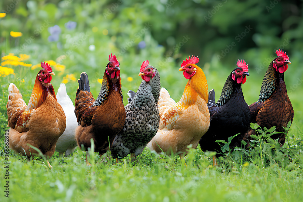 Fototapeta premium A group of colorful chickens standing in a grassy area with flowers.
