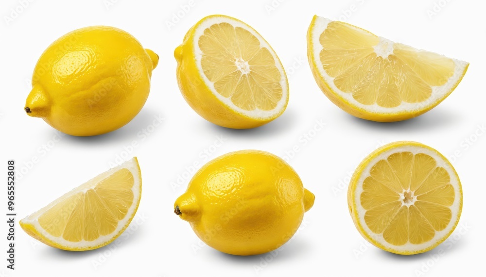 Six vibrant yellow lemons are arranged in a 3x3 grid on a white background, with one large lemon at the top left and four smaller ones at the bottom right, creating a sense of depth and balance Six vibrant yellow lemons are arranged in a 3x3 grid on a white background, with one large lemon at the top left and four smaller ones at the bottom right, creating a sense of depth and balance