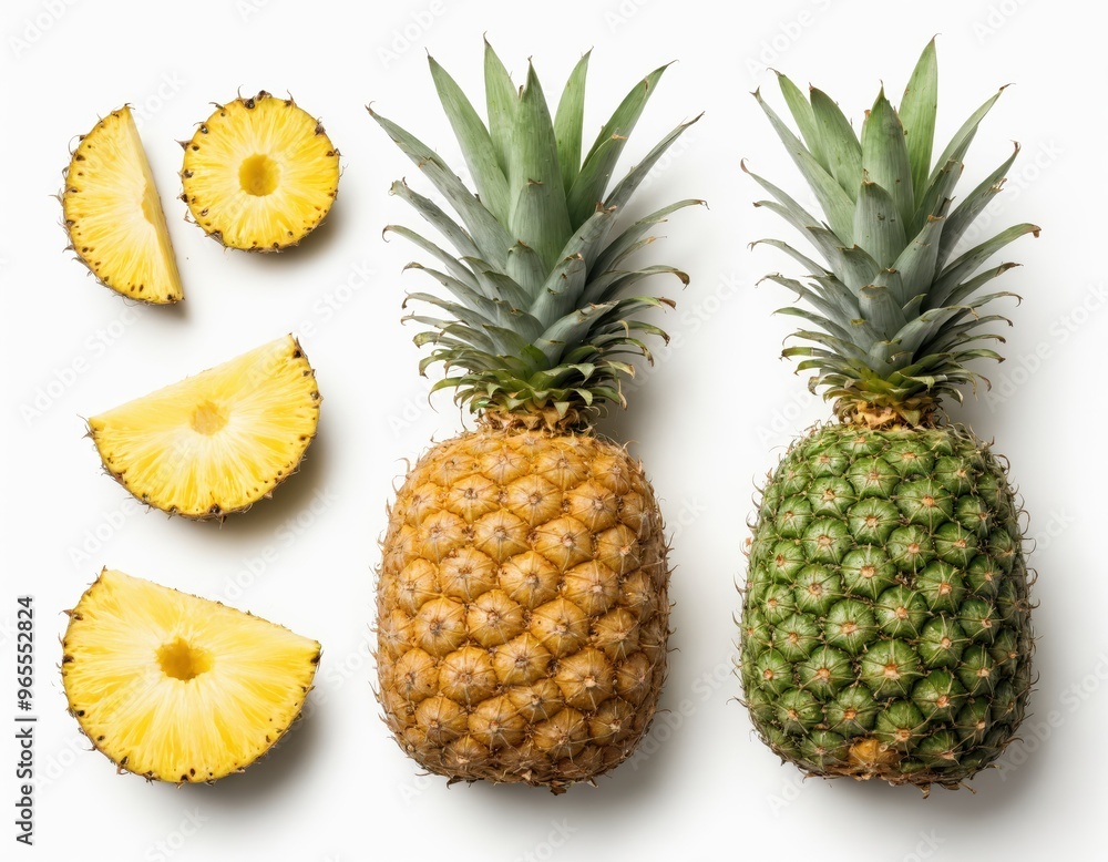 Two whole pineapples, one with a darker brown hue and the other with a lighter brown, are arranged diagonally on a white background Two whole pineapples, one with a darker brown hue and the other with a lighter brown, are arranged diagonally on a white background
