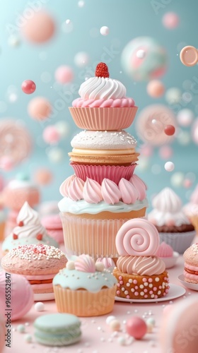 Wallpaper Mural Colorful pastel cupcakes and desserts with whipped cream and sprinkles, set against a dreamy, blurred background. Torontodigital.ca