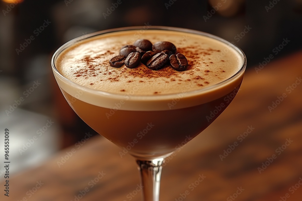 A close up of a sophisticated espresso martini with a smooth dark appearance and a few coffee beans on top A close up of a sophisticated espresso martini with a smooth dark appearance and a few coffee beans on top