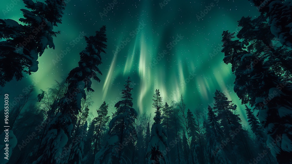 Obraz premium Aurora Borealis dancing across the night sky above a snowy forest. The green lights illuminate the trees, creating a mystical and magical atmosphere.