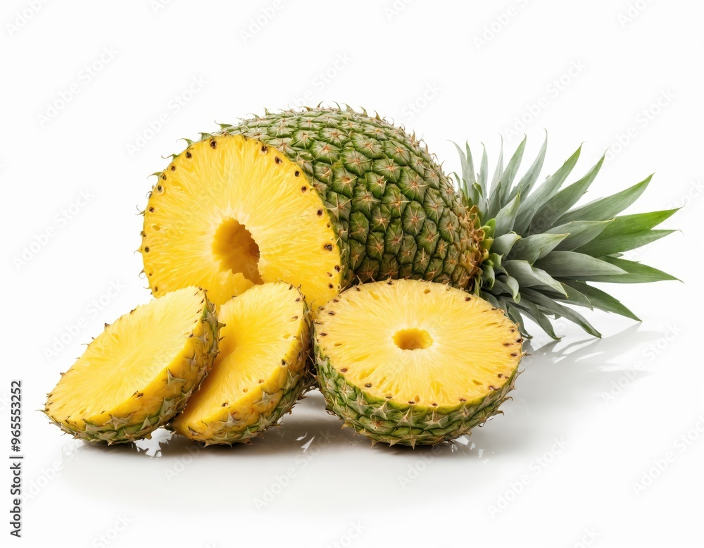 A vibrant image features a pineapple with three halves, a larger one, and a smaller one, all set against a white background, with the pineapple's spines and green leaves contrasting the scene A vibrant image features a pineapple with three halves, a larger one, and a smaller one, all set against a white background, with the pineapple's spines and green leaves contrasting the scene