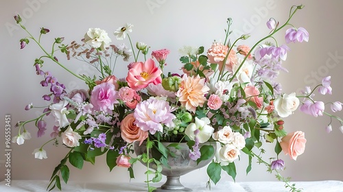 Wallpaper Mural Floral arrangement with pink white and purple blooms in silver vase for showcasing natural beauty vibrant colors and elegant decorative design in interior aesthetic concept. Torontodigital.ca