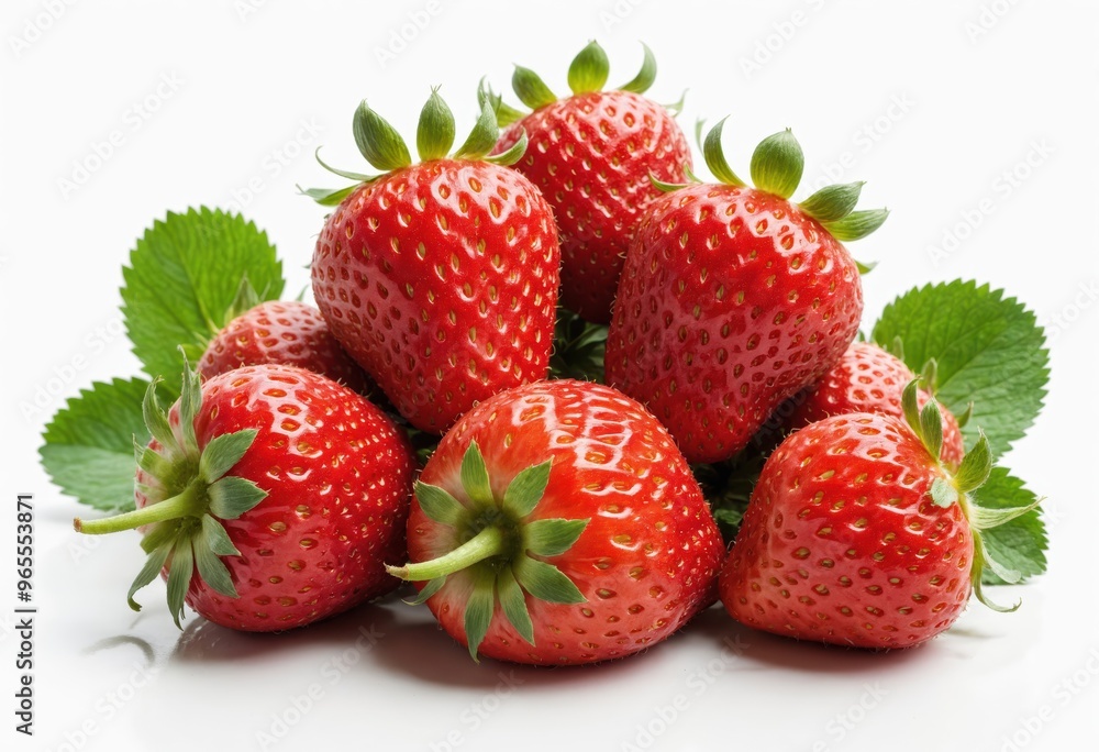 A pyramid of eight vibrant red strawberries with green leaves is arranged in a pyramid shape, surrounded by a white background, creating a visually appealing and balanced composition A pyramid of eight vibrant red strawberries with green leaves is arranged in a pyramid shape, surrounded by a white background, creating a visually appealing and balanced composition