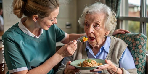Elderly care and nutrition: nurse assisting an elderly woman during mealtime