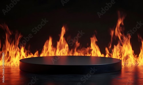 Black podium copy space concept. Black floor background with fires. Cosmetic podium abstract field studio display flames backdrop