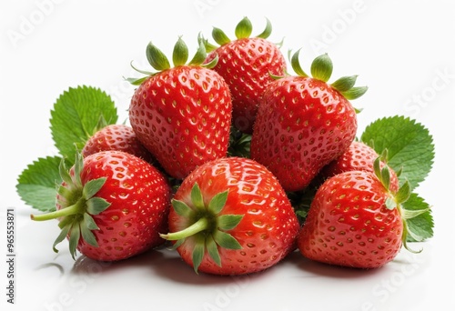 A pyramid of eight vibrant red strawberries with green leaves is arranged in a pyramid shape, surrounded by a white background, creating a visually appealing and balanced composition