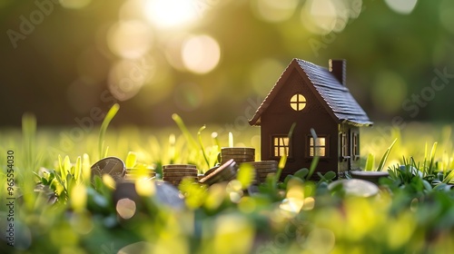 Wallpaper Mural Miniature house surrounded by coins on a bed of green grass with a blurred background of sunshine. Torontodigital.ca