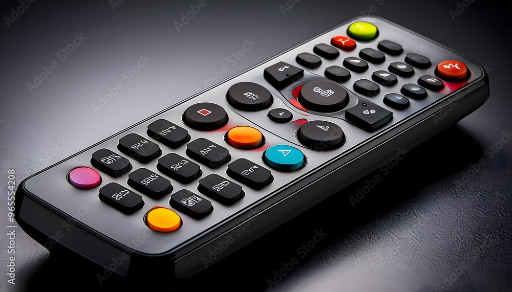 tv control.closeup of a black TV remote controller with its various buttons highlighted. The image focuses on the clean design and contrasts between the sleek body and raised buttons tv control.closeup of a black TV remote controller with its various buttons highlighted. The image focuses on the clean design and contrasts between the sleek body and raised buttons