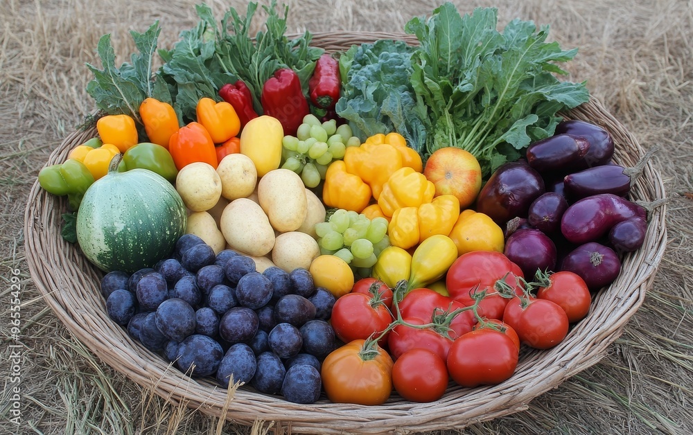 A vibrant assortment of fresh vegetables and fruits arranged in a basket, showcasing the bounty of nature. A vibrant assortment of fresh vegetables and fruits arranged in a basket, showcasing the bounty of nature.
