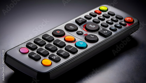 tv control.closeup of a black TV remote controller with its various buttons highlighted. The image focuses on the clean design and contrasts between the sleek body and raised buttons