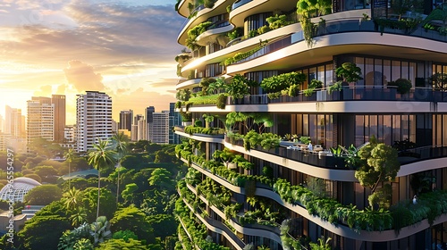 Fototapeta Naklejka Na Ścianę i Meble -  Towering skyscraper with lush greenery and balconies overlooking vibrant cityscape during golden hour sunset for showcasing urban nature integration sustainable architecture and scenic view concept.