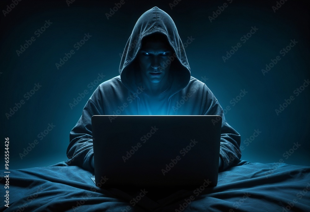 Hacker in a raincoat with a hood behind a laptop Hacker in a raincoat with a hood behind a laptop