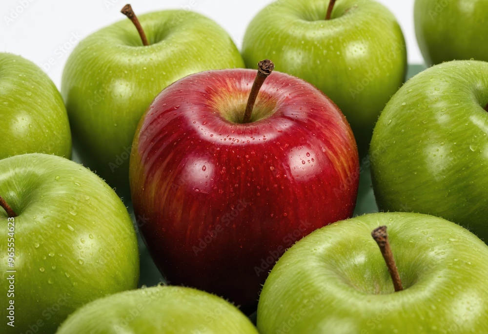 A vibrant red apple with a shiny surface and a brown stem is the focal point, surrounded by six green apples, creating a visually appealing and balanced composition