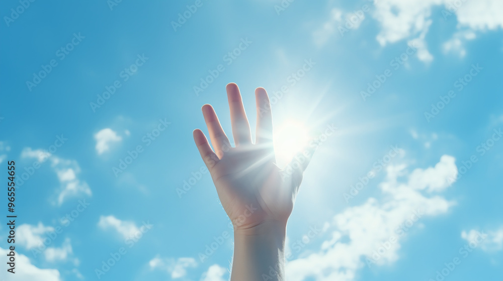 A hand reaching out toward the sky, with fingers gently extended, against a bright blue sky background, a few soft white clouds drifting by, sunlight creating a soft halo effect around the hand A hand reaching out toward the sky, with fingers gently extended, against a bright blue sky background, a few soft white clouds drifting by, sunlight creating a soft halo effect around the hand