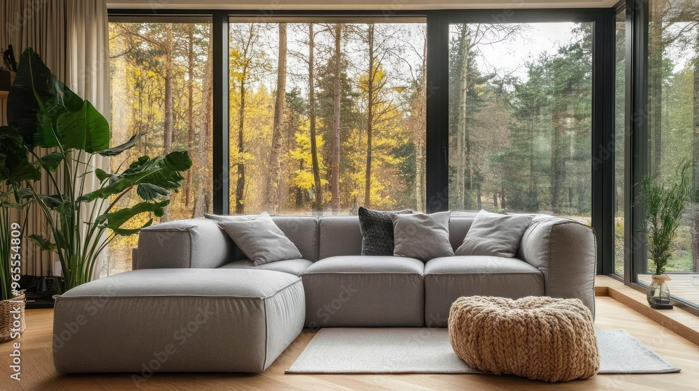 Modern Living Room with a View of Autumn Trees Modern Living Room with a View of Autumn Trees