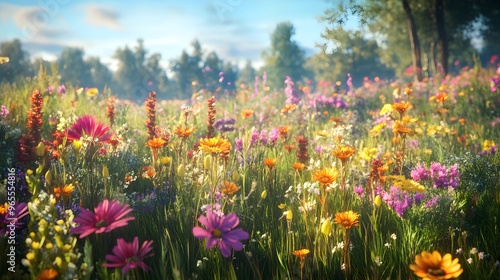 Sunlit Meadow with Colorful Wildflowers