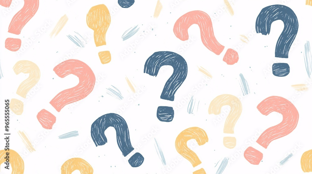 Colorful hand-drawn question marks on a light background for creative inquiries. Colorful hand-drawn question marks on a light background for creative inquiries.