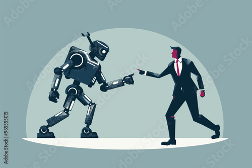 Businessman Arguing with Giant Robot Hand Pointing in Opposite Direction, Employee Conflict with AI over Development Disagreement