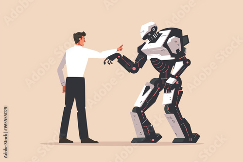 Businessman Arguing with Giant Robot Hand Pointing in Opposite Direction, Employee Conflict with AI over Development Disagreement