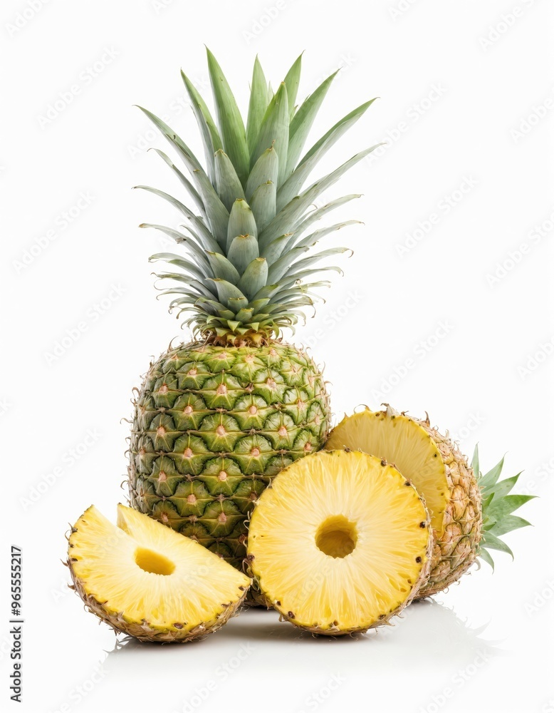 A vibrant tropical scene features a pineapple with a green spiky top and yellow flesh, two whole pineapple halves, and a partially sliced pineapple, all set against a white background A vibrant tropical scene features a pineapple with a green spiky top and yellow flesh, two whole pineapple halves, and a partially sliced pineapple, all set against a white background
