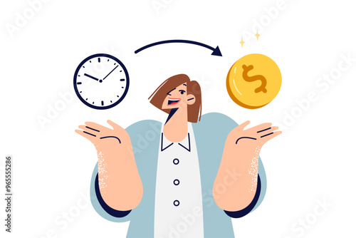 Woman uses time management to increase personal income, stands near clock and coin