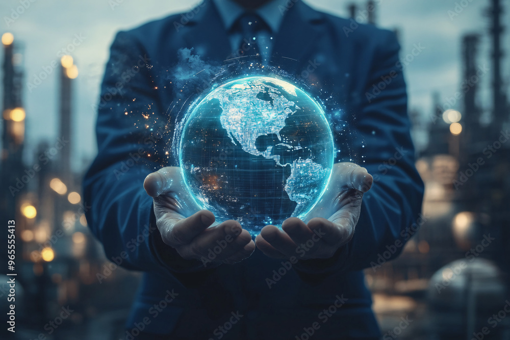 Fototapeta premium Businessman in a suit holding a glowing digital globe representing technology and global connections with industrial background