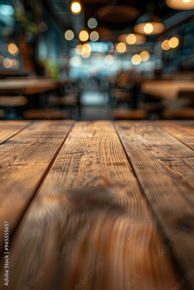 Wood floor or wood table with blue bokeh background of cafe with selective focus for products display. Wood floor or wood table with blue bokeh background of cafe with selective focus for products display.