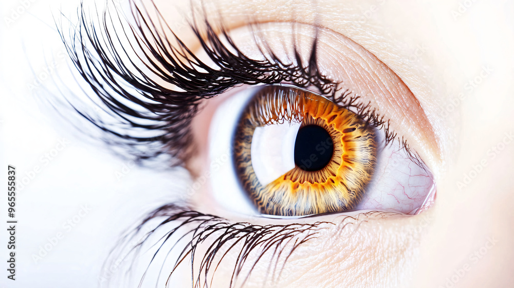 Fototapeta premium Close up woman eyes. Macro classic volume long eyelash extensions, lamination, correction. Natural beauty or laser vision correction. Skin care, beauty, makeup concept.