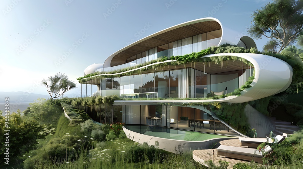 Fototapeta premium Modern futuristic house with a curved design, seamlessly integrated with the surrounding natural landscape.