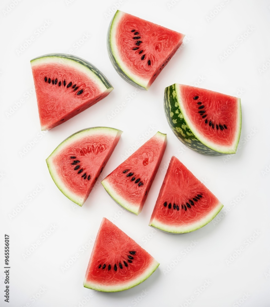 A still life of watermelon slices, arranged diagonally on a white background, showcases vibrant colors and shapes, with each slice showcasing a unique pattern and texture A still life of watermelon slices, arranged diagonally on a white background, showcases vibrant colors and shapes, with each slice showcasing a unique pattern and texture