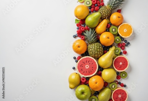 A vibrant array of fruits, including oranges, apples, kiwis, pears, grapes, watermelons, kiwi, and grapes, are meticulously arranged in a triangular formation against a white background