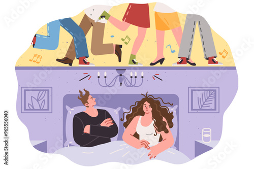 Noisy neighbors who are having party are disturbing sleep of married couple lying in bed
