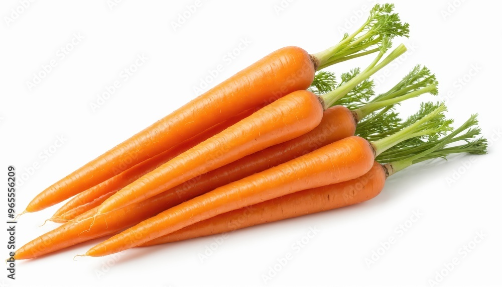 Six vibrant orange carrots with green stems are arranged in a straight line on a white background, creating a simple yet striking visual effect Six vibrant orange carrots with green stems are arranged in a straight line on a white background, creating a simple yet striking visual effect