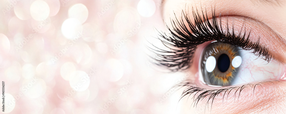 Obraz premium Close up woman eyes. Macro classic volume long eyelash extensions, lamination, correction. Natural beauty or laser vision correction. Skin care, beauty, makeup concept.