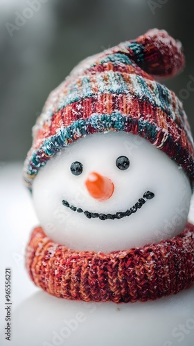 Close-up of a Snowman's Face with a Knit Hat and Scarf