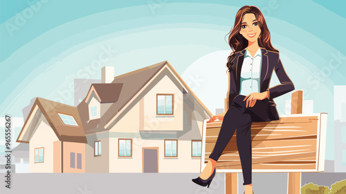 Businesswoman Realtor Sitting on Wooden Placard, Holding House Model for Real Estate Promotion Campaign