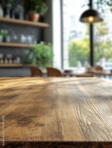 Empty Beautiful wood table top with blur background of modern kitchen for products display.