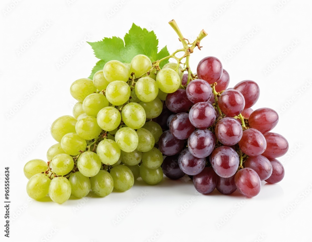 A vibrant display of fresh grapes, including green and red ones, is arranged in a pyramid-like formation against a white background, with a single green leaf adding contrast A vibrant display of fresh grapes, including green and red ones, is arranged in a pyramid-like formation against a white background, with a single green leaf adding contrast