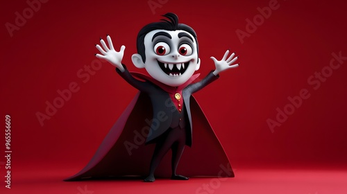 Cheerful cartoon vampire character with a cape and fangs, waving, isolated on a solid crimson red background, soft spotlight with dramatic shadows, 3D render with exaggerated features and glossy photo