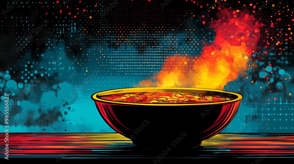It is a soup ad designed like a comic book cover. It's a pop art soup ad. soup advertisement banner with copy space. It is a soup ad designed like a comic book cover. It's a pop art soup ad. soup advertisement banner with copy space.